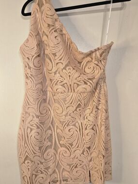 Lulu's Blush One-Shoulder Lace & Sequin Mini Dress